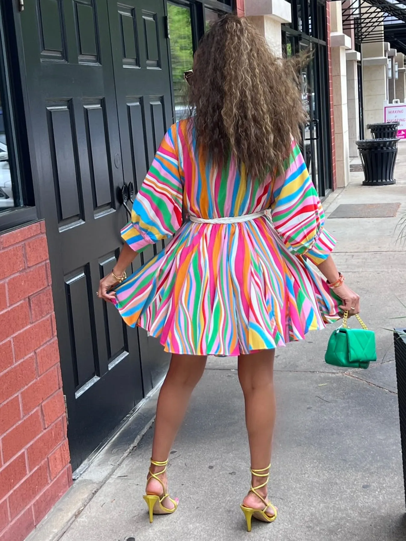 Vibrant Multicolor Striped V-Neck Belted Flare Dress