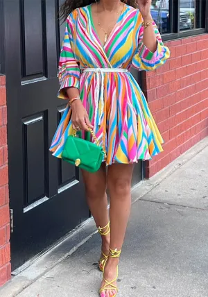 Vibrant Multicolor Striped V-Neck Belted Flare Dress
