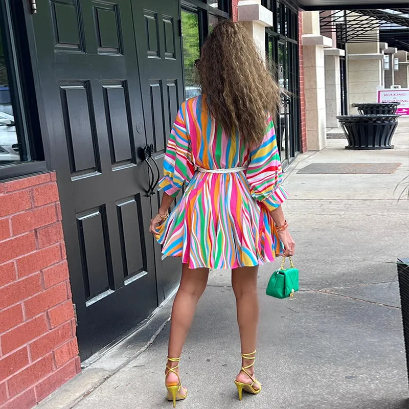 Vibrant Multicolor Striped V-Neck Belted Flare Dress
