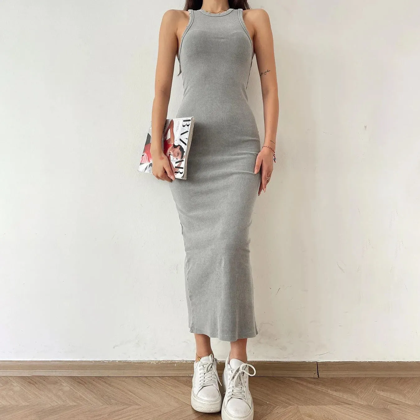 Vintage Sleeveless Ribbed Bodycon Knit Dress