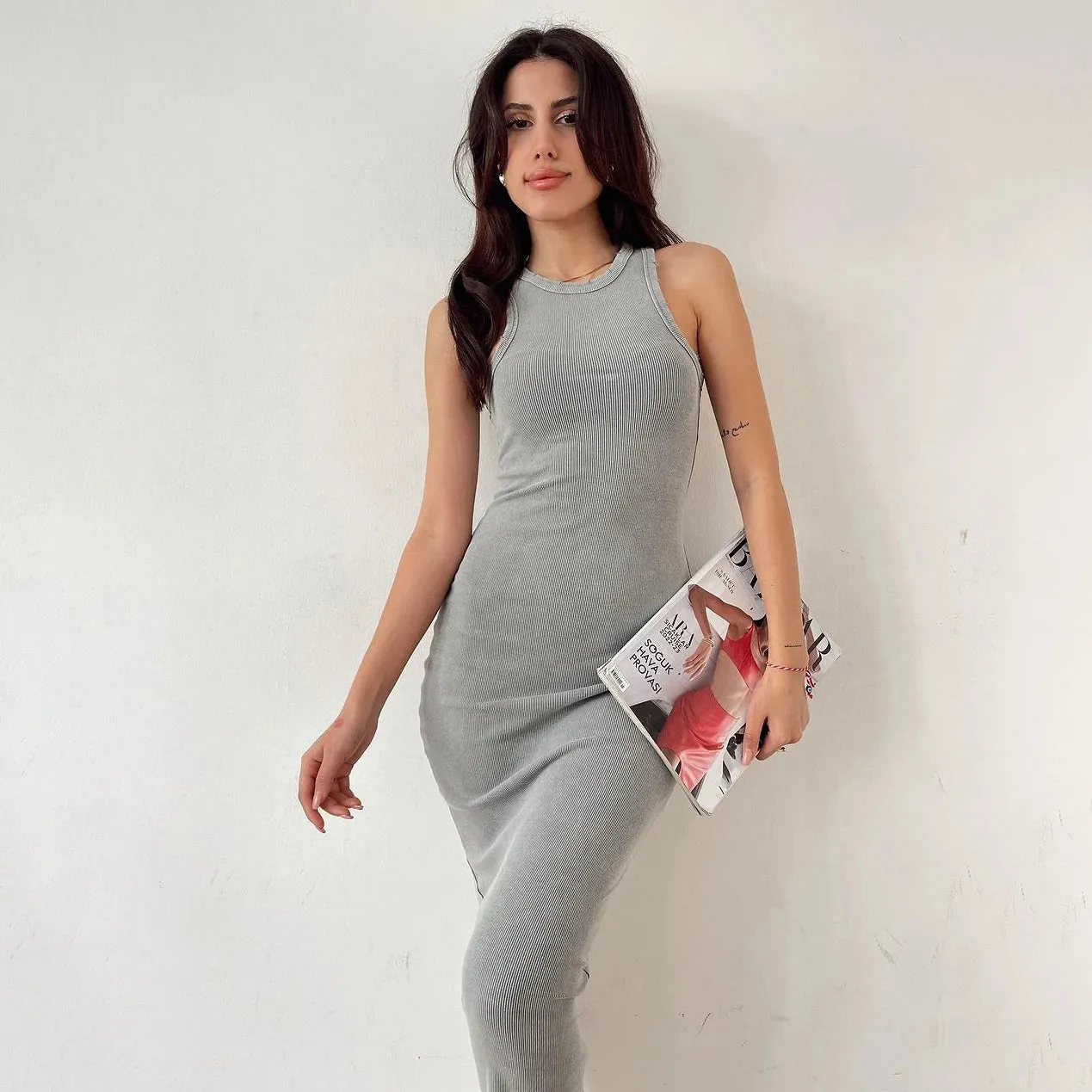 Vintage Sleeveless Ribbed Bodycon Knit Dress