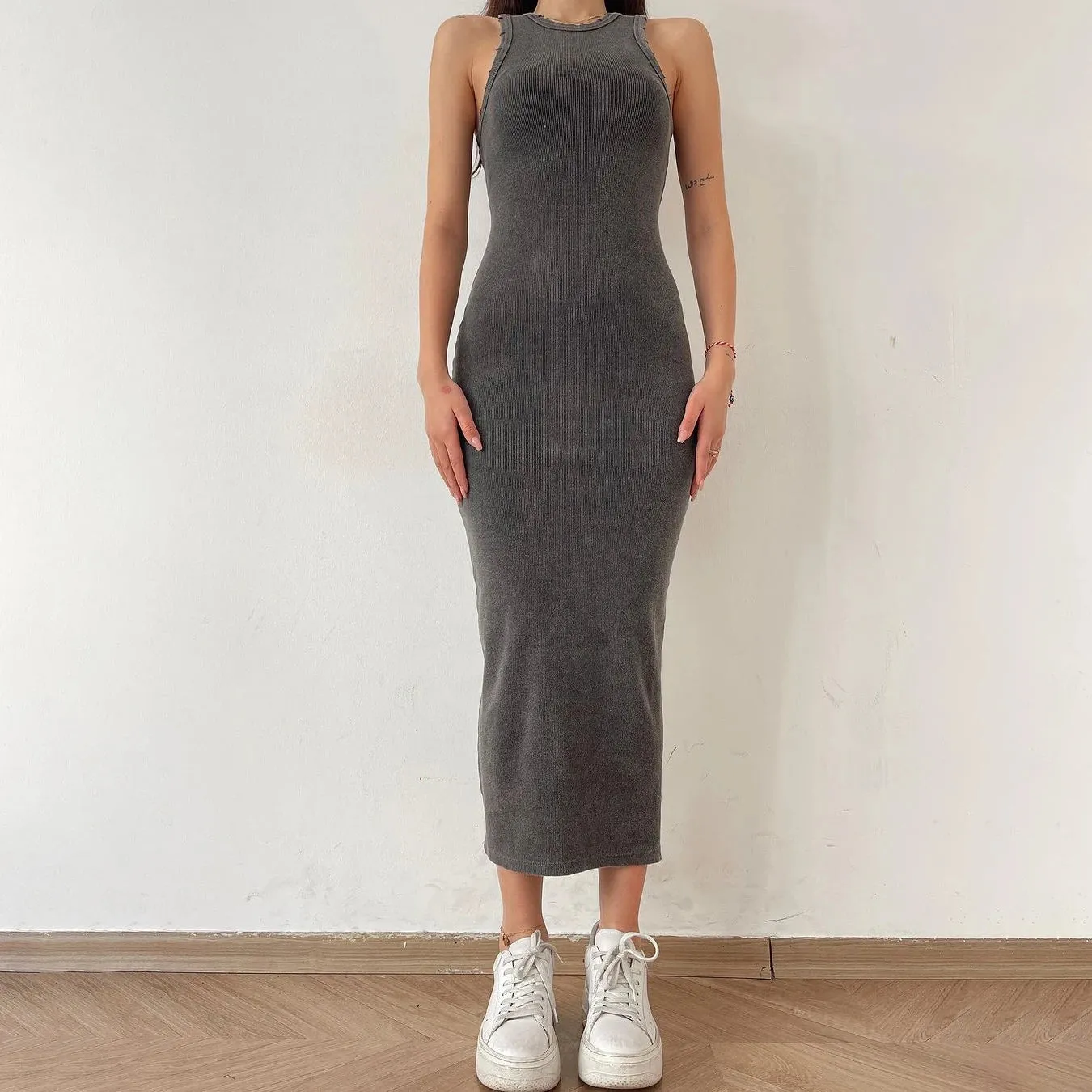 Vintage Sleeveless Ribbed Bodycon Knit Dress