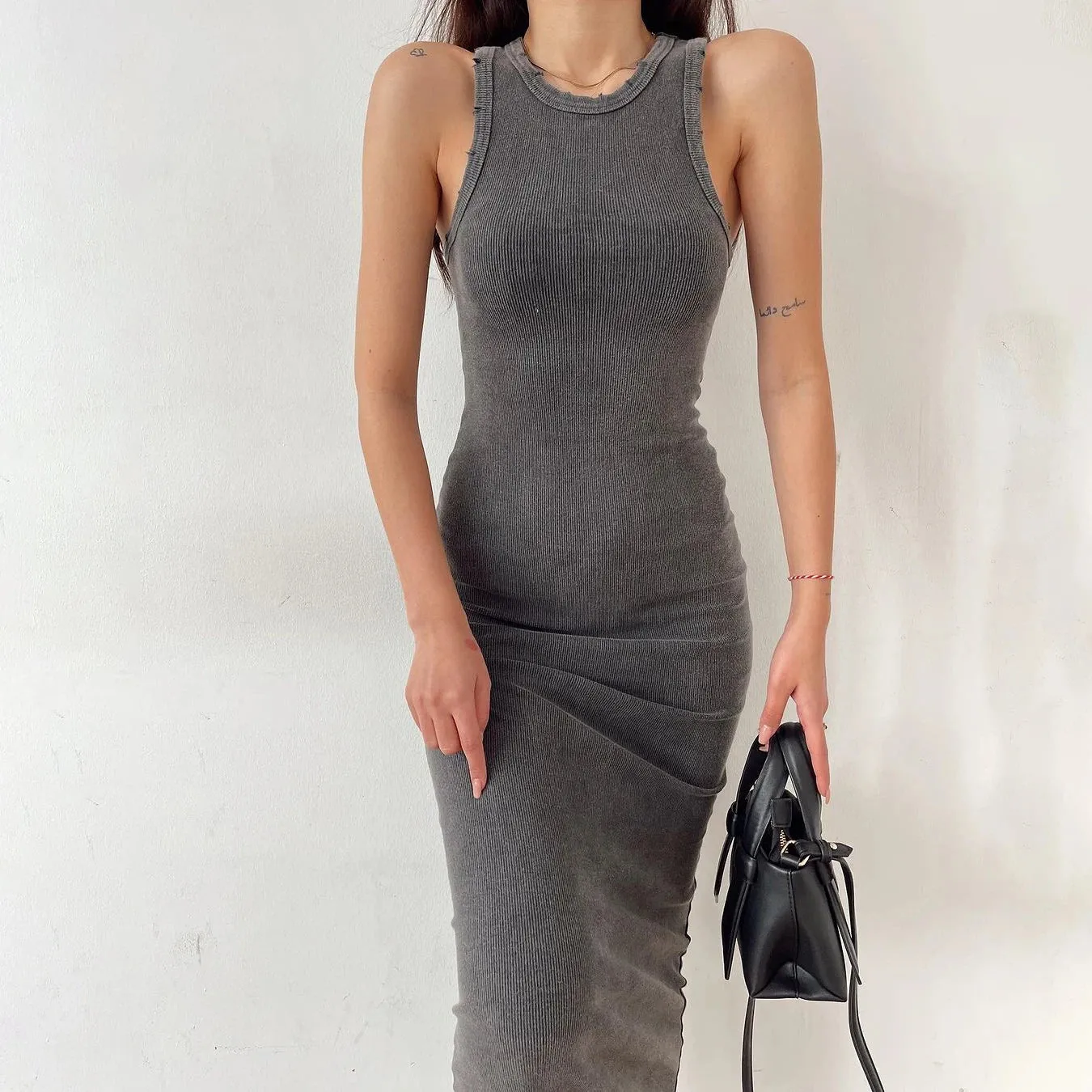 Vintage Sleeveless Ribbed Bodycon Knit Dress