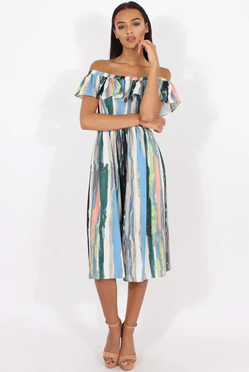White Colourful Stripe Bardot Culotte Jumpsuit - Kathy