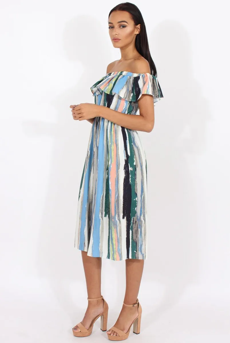 White Colourful Stripe Bardot Culotte Jumpsuit - Kathy