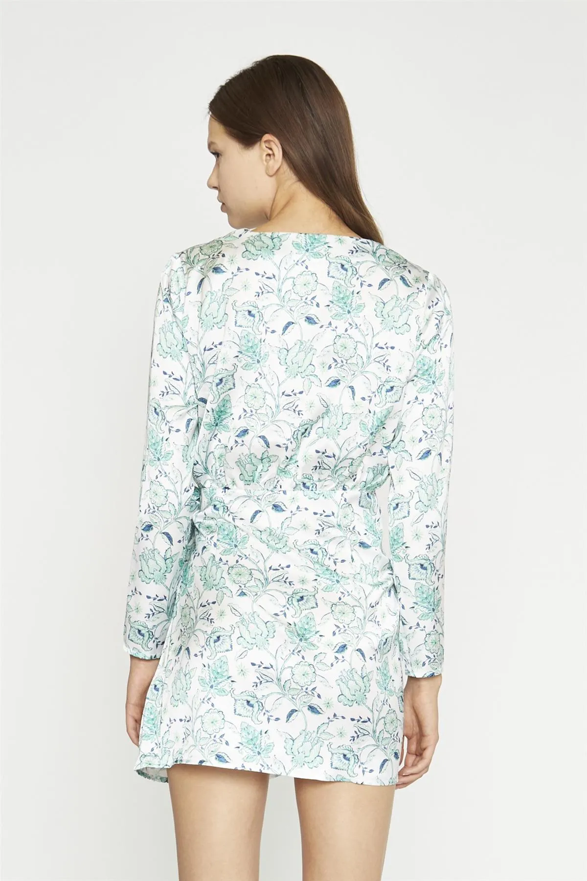 White-Mint Paisley Satin Wrap Mini-Dress