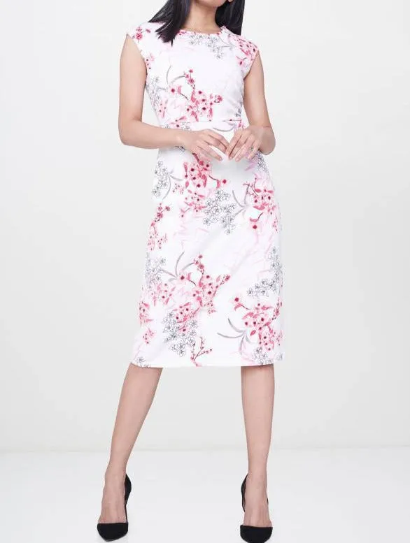 White with pink flowers midi dress