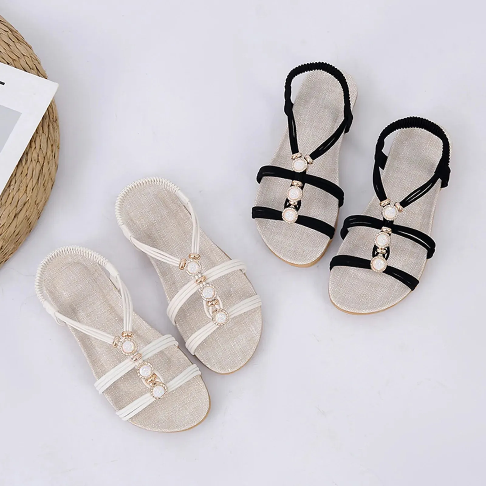 Women's sandals Ladies Fashion Suede Rhinestone Elastic Band Open Toe