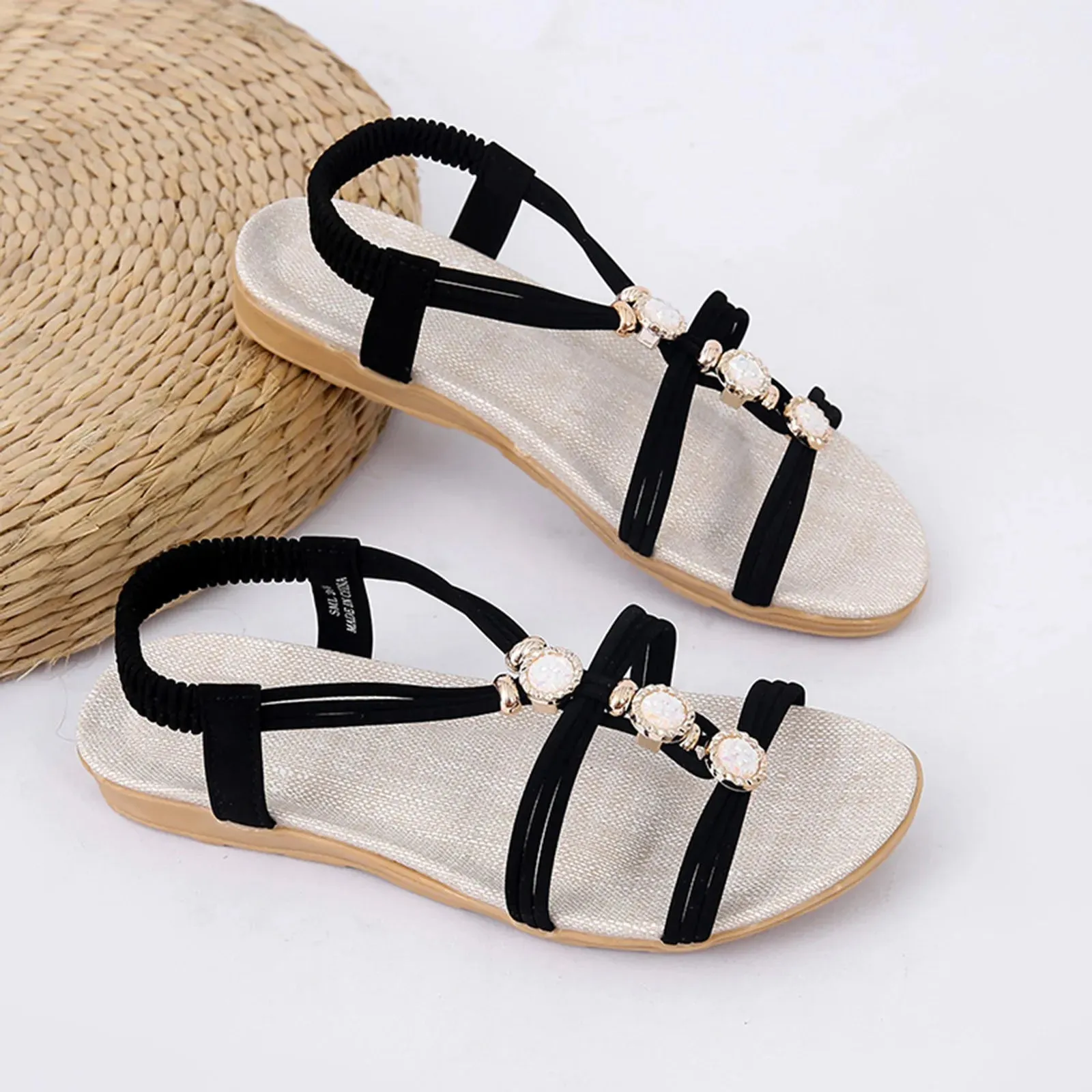 Women's sandals Ladies Fashion Suede Rhinestone Elastic Band Open Toe