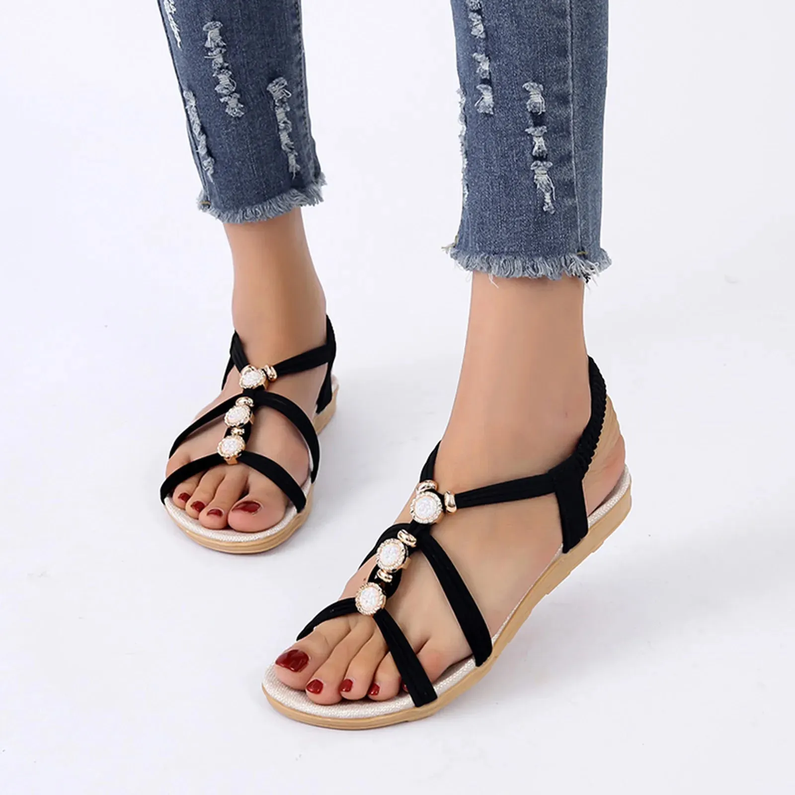 Women's sandals Ladies Fashion Suede Rhinestone Elastic Band Open Toe