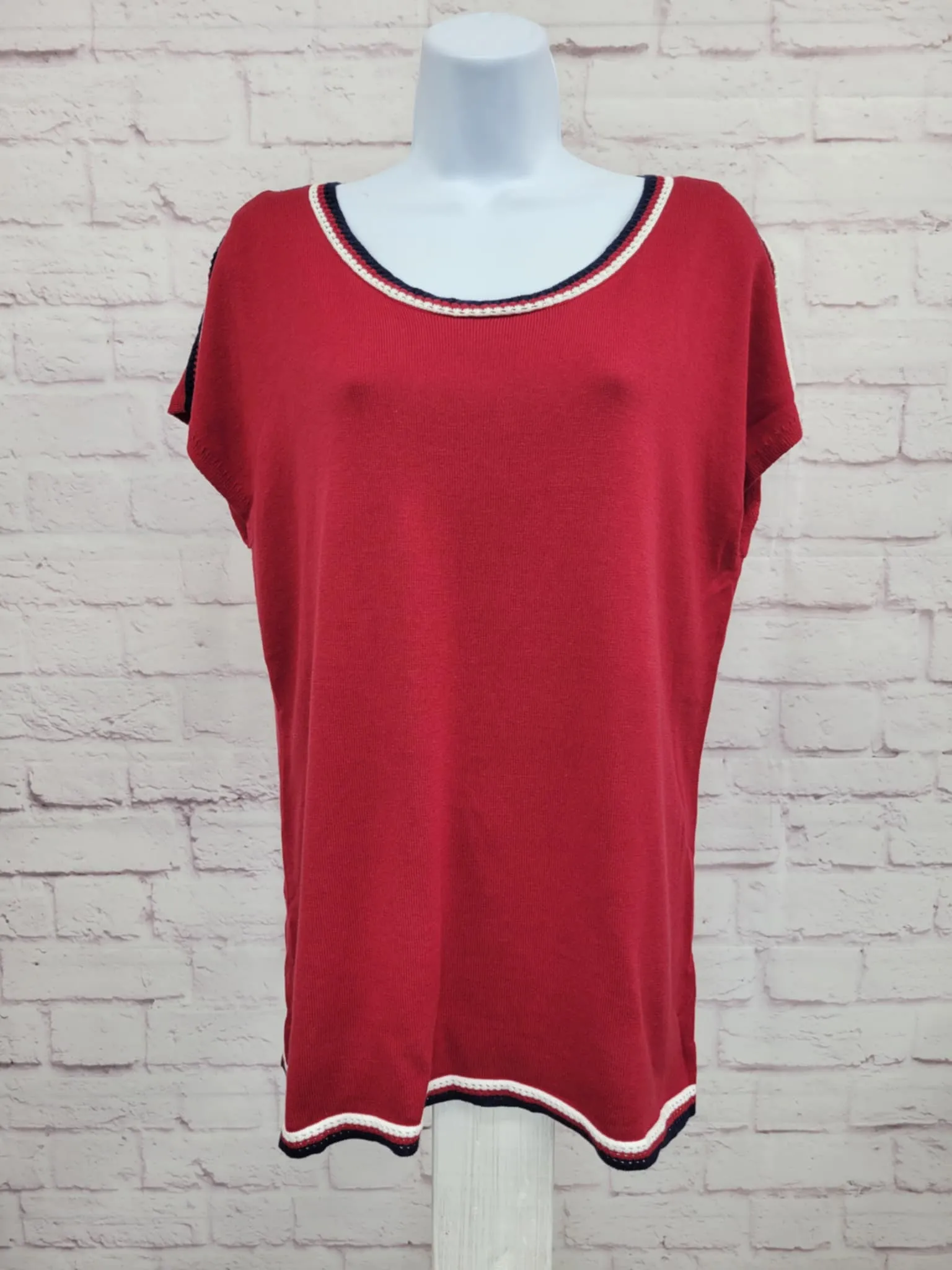 XXSMALL RED A648157 Belle by Kim Gravel Pop Color Crochet Trim Sweater
