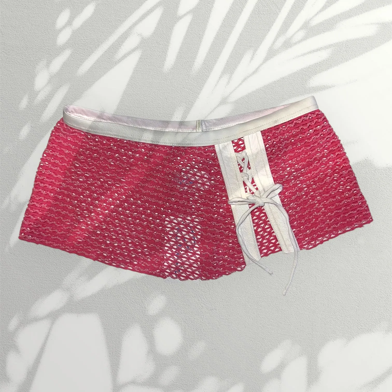 Y2K Pink Crochet Lace-Up Slit Mini Skirt Boho Cover-Up