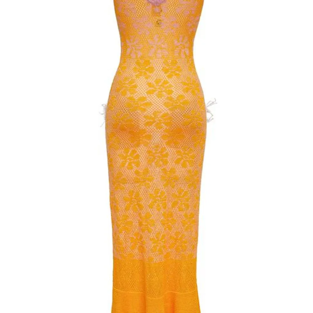 Yellow Knit Dress With Feathers On The Pockets