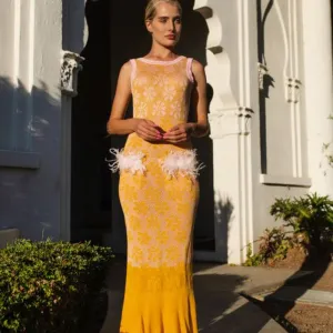 Yellow Knit Dress With Feathers On The Pockets