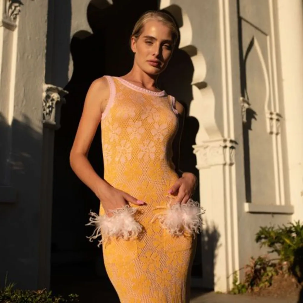 Yellow Knit Dress With Feathers On The Pockets